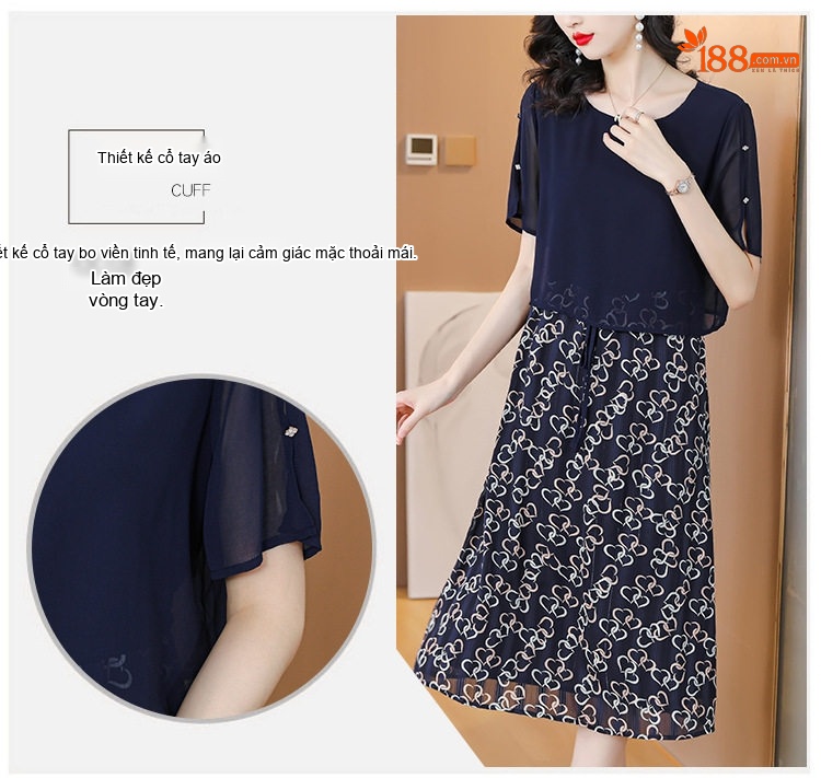 Váy liền thân Nữ Giả Hai Lớp Lụa In Họa Tiết Dáng Rộng Che Bụng Màu Xanh Navy chi tiết 4