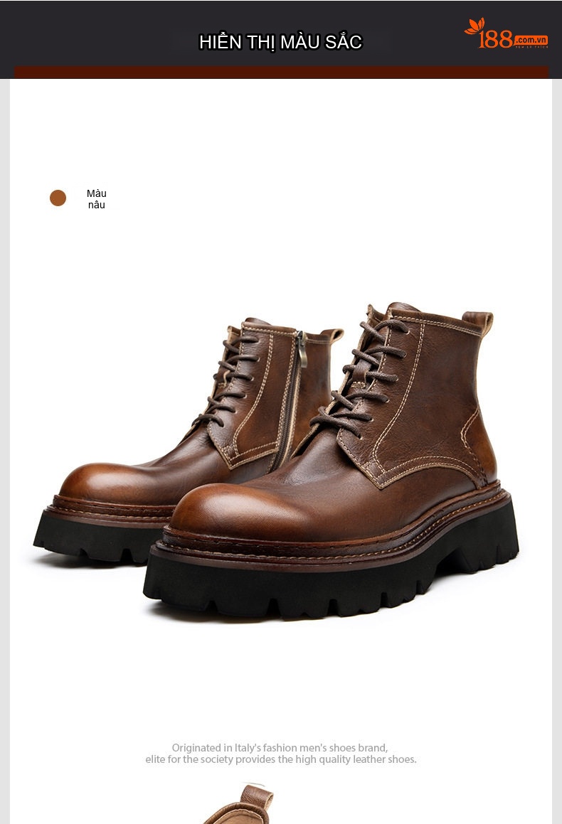 Giày Boot Martin Nam Da Bò Cổ Lửng Khóa Kéo Phong Cách Anh Chiều Cao Đế Khoảng 4cm Màu Nâu, Đen chi tiết 13