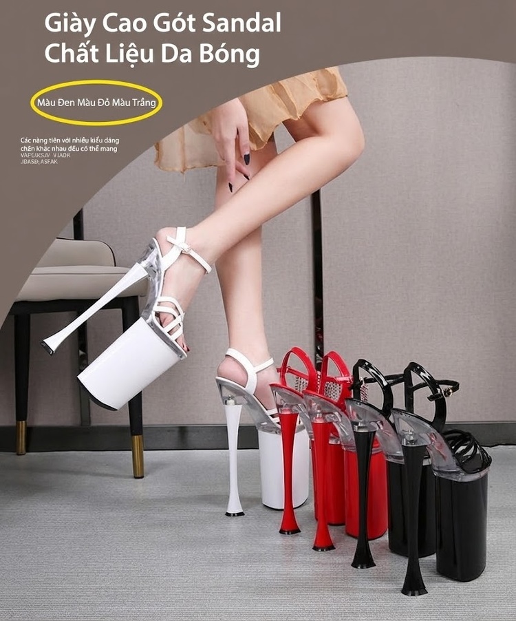 Giày Sandal Cao Gót Nữ Quai Mảnh Da Bóng Gót Cao 26cm Màu Đen, Đỏ, Trắng chi tiết 1