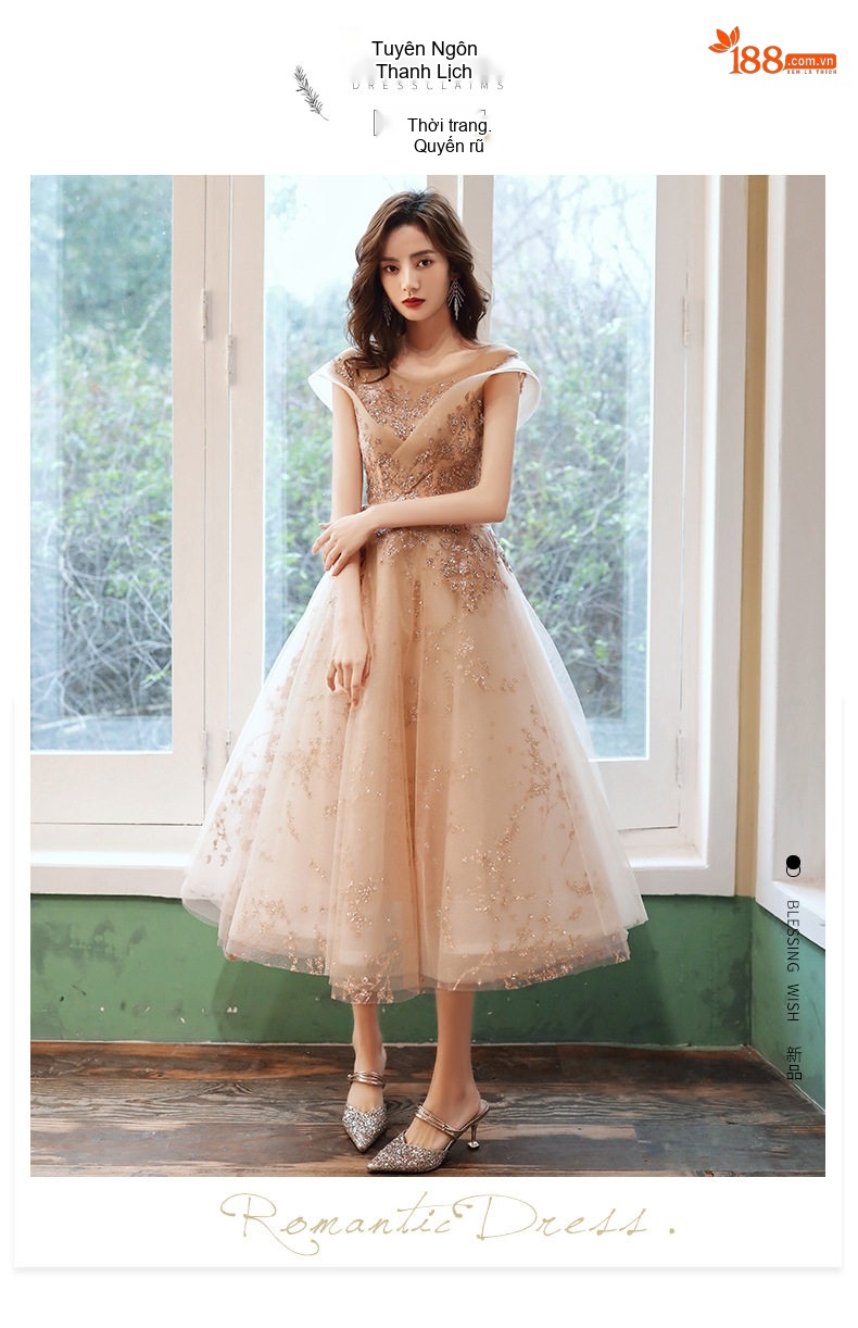Váy Dạ Hội Nữ Pháp Kiểu Hepburn Màu Champagne Khí Chất Tiệc Tối chi tiết 2