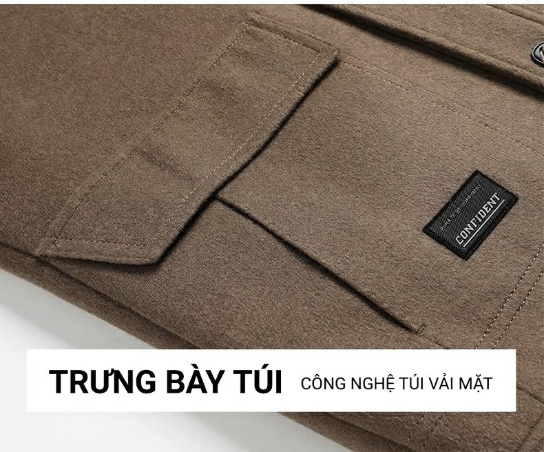 Áo Khoác Nam Hai Mặt Dạ Lông Cừu Cổ Bẻ Lót Lông Vũ Có Thể Tháo Rời Màu Nâu, Đen chi tiết 19