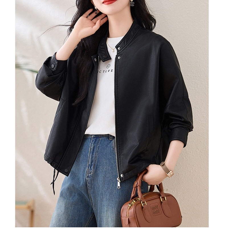 Áo Khoác Da Nữ Cổ Trụ Kiểu Mỹ Retro Dáng Ngắn Rộng Màu Đen, Nâu chi tiết 27
