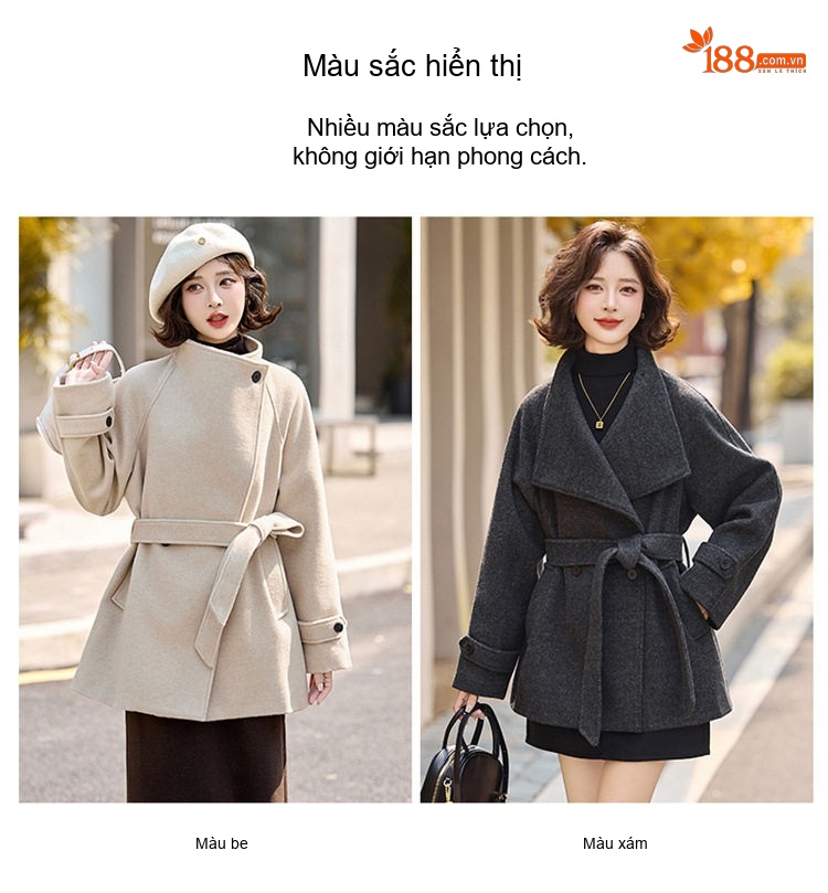 Áo Khoác Dạ Nữ Dáng Ngắn Wool Thiết Kế Thắt Eo Tôn Dáng Màu Be, Xám chi tiết 14