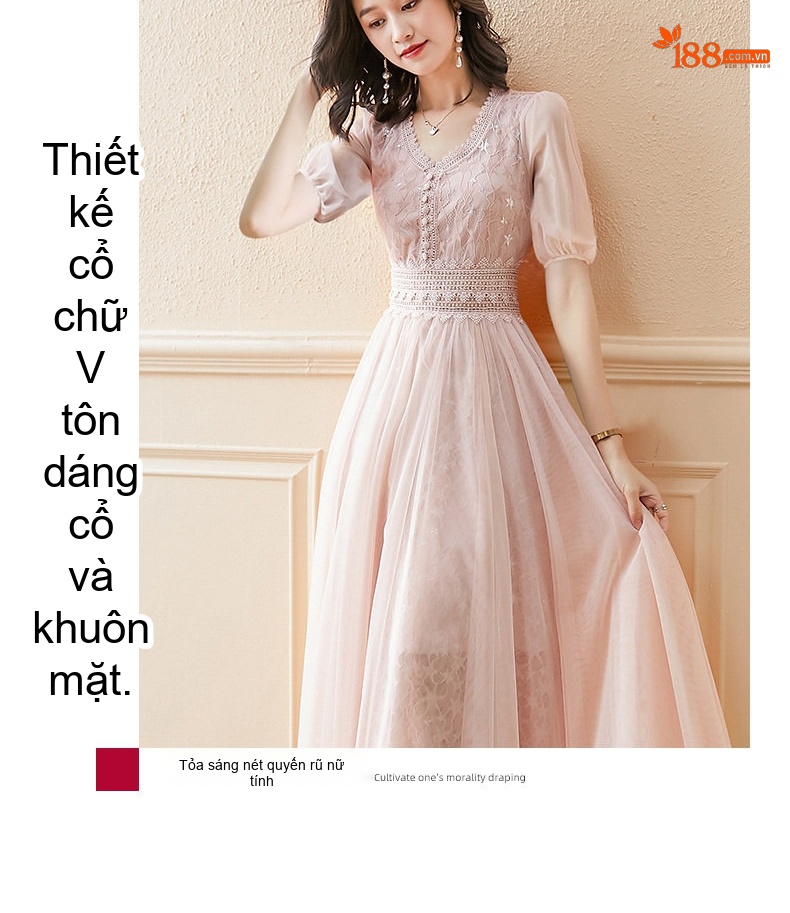 Váy Lưới Pháp Nữ Dáng Dài Chiết Eo Tôn Dáng Màu Trắng, Hồng chi tiết 6