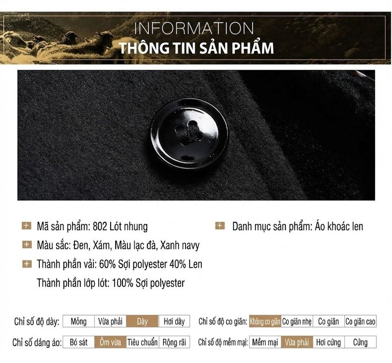 Áo Khoác Dạ Nam Dáng Dài Vừa Cổ Lông Tháo Rời Lót Lông Dày Dặn Màu Đen, Xám, Nâu, Xanh Navy chi tiết 11