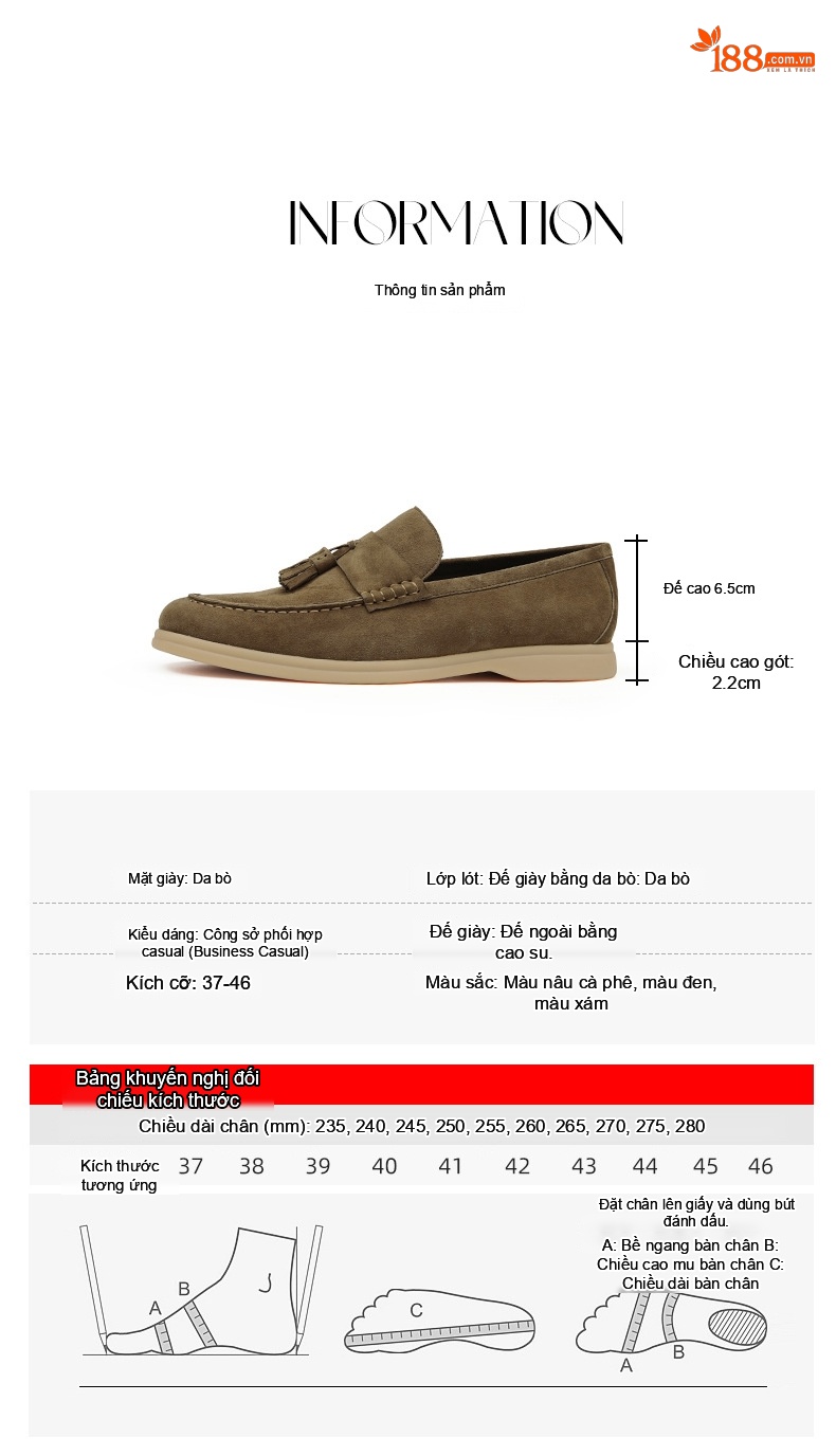 Giày Lười Nam Da Lộn Da Bò Chiều Cao Đế Khoảng 3cm Màu Đen, Xám, Nâu chi tiết 6