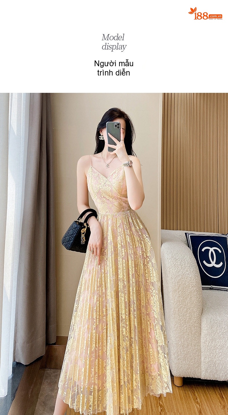 Váy Hai Dây Nữ Cổ chữ V Sọc Dún Bèo Phong Cách Gợi Cảm Màu Vàng chi tiết 6