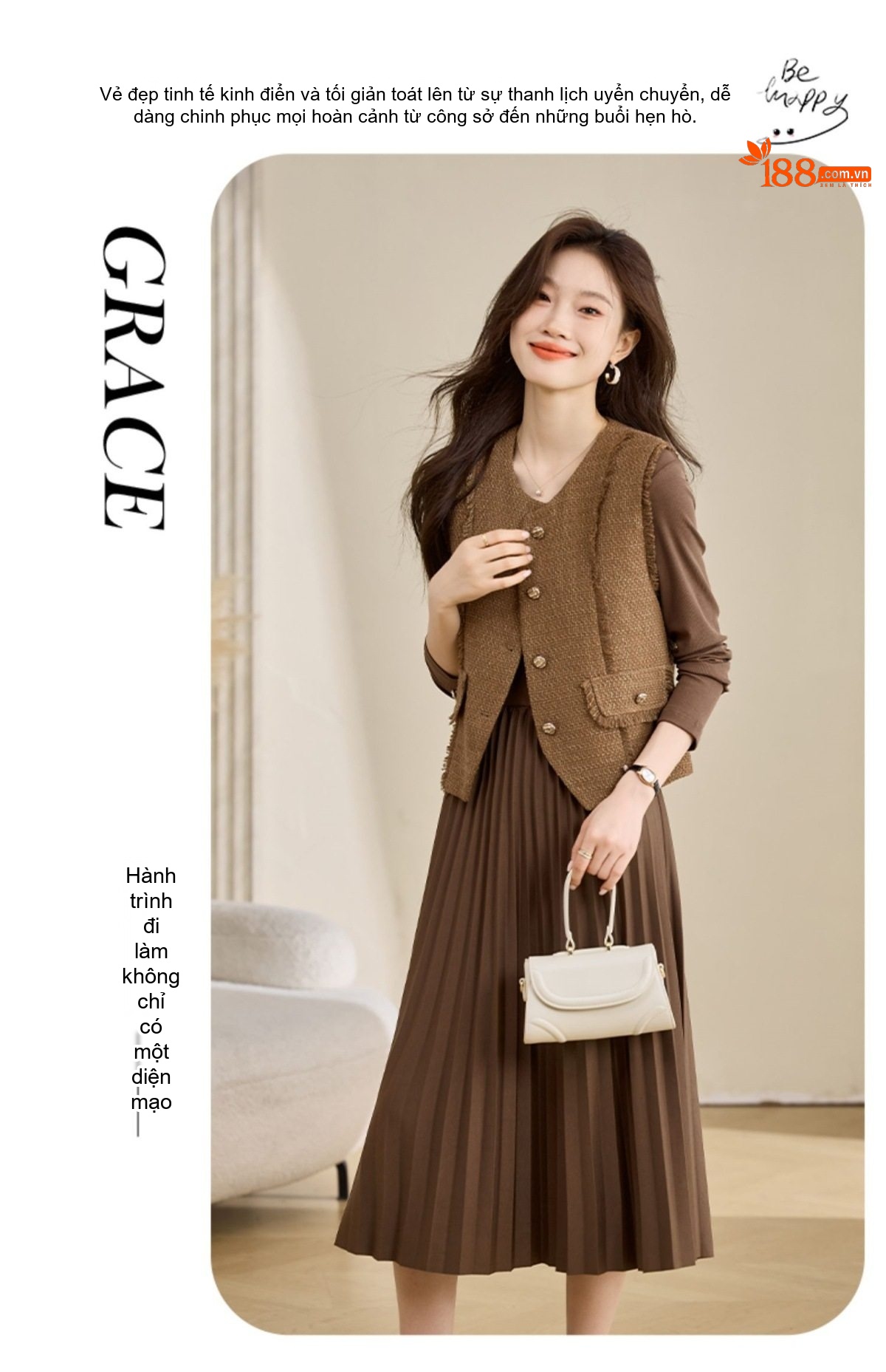 Set Áo Gile và Váy Xòe Dáng Dài Phong Cách Tiểu Thư Màu Nâu, Đen chi tiết 6