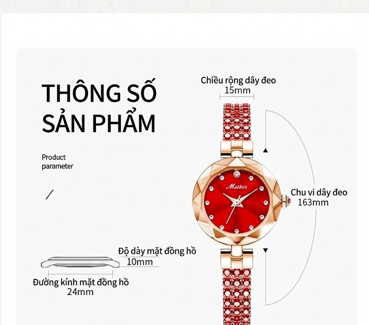 Đồng Hồ Nữ Dây Kim Loại Đính Đá Thời Trang Chống Nước Màu Đỏ, Xanh Lá, Tím... chi tiết 11