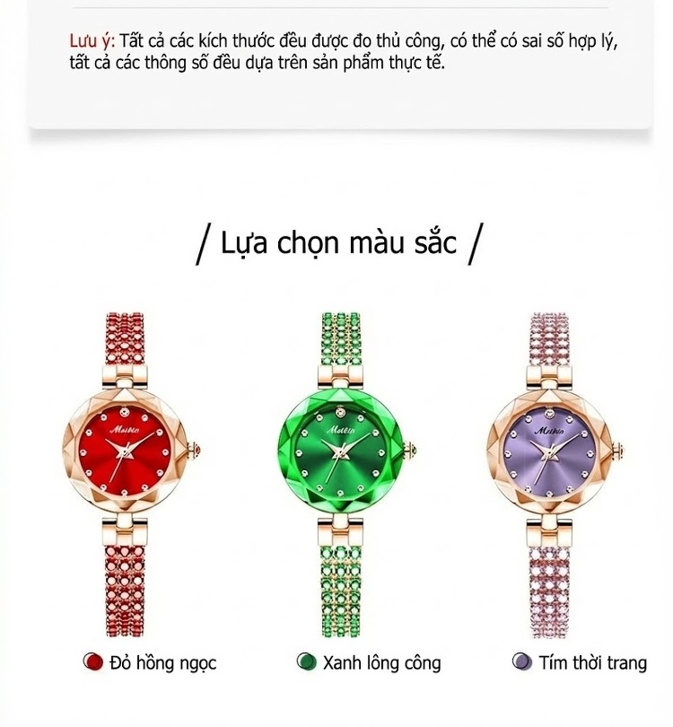 Đồng Hồ Nữ Dây Kim Loại Đính Đá Thời Trang Chống Nước Màu Đỏ, Xanh Lá, Tím... chi tiết 12