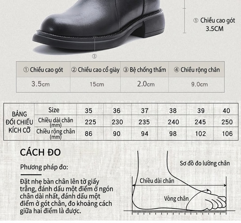 Boot Chelsea Nữ Da Bò Chiều Cao Đế Khoảng 3cm Màu Đen, Nâu chi tiết 4