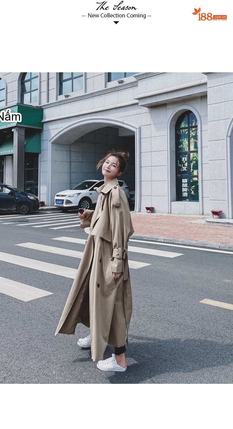 Áo Khoác Trench Coat Nữ Dáng Dài Phong Cách Hàn Quốc Màu Be chi tiết 16