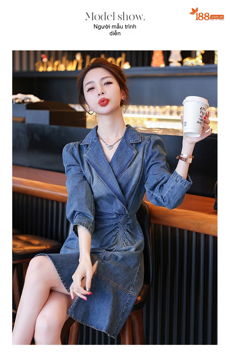 Váy Jean Dài Tay Nữ Dáng Ôm Eo Thiết Kế Xếp Ly Hàn Quốc Màu Xanh Jean chi tiết 13