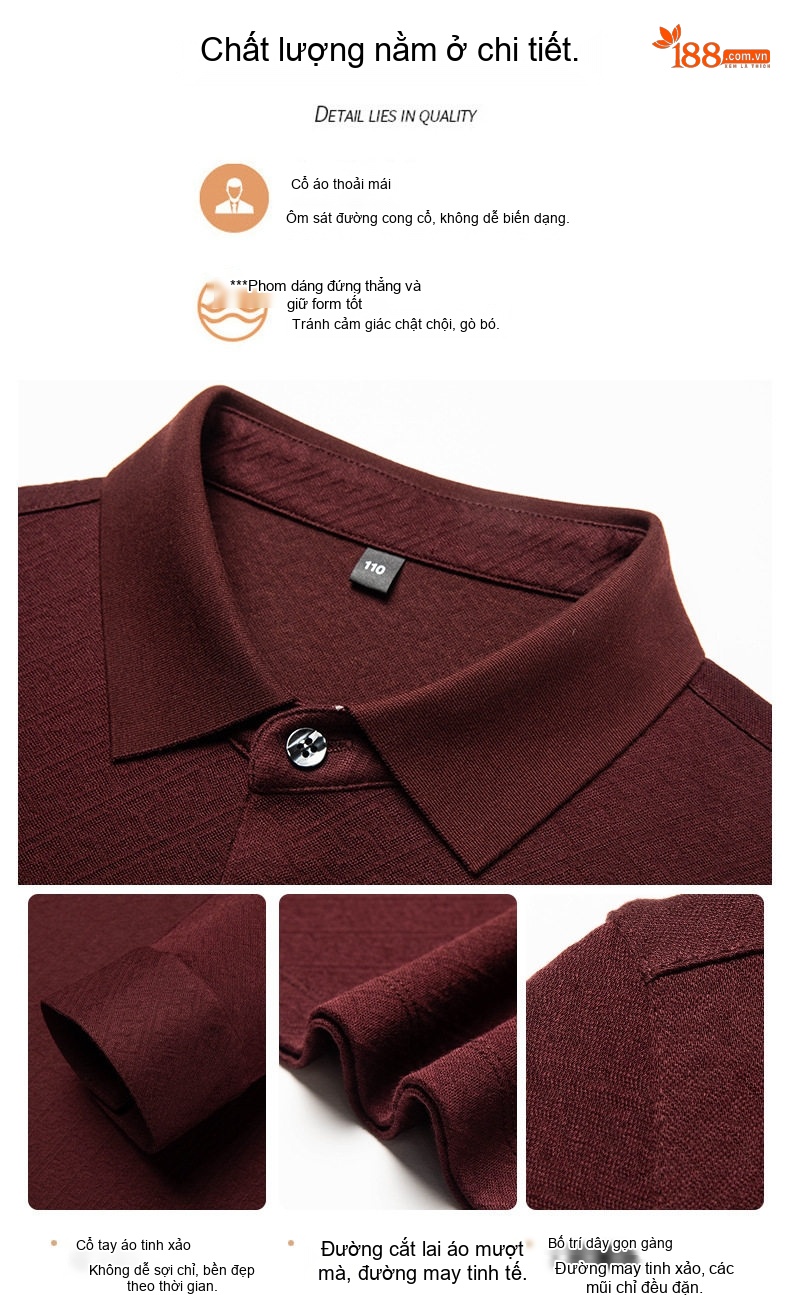 Áo Polo Nam Tay Dài Dệt Kim Cashmere Chống Nhăn Màu Đen, Đỏ Rượu Vang, Xám chi tiết 4