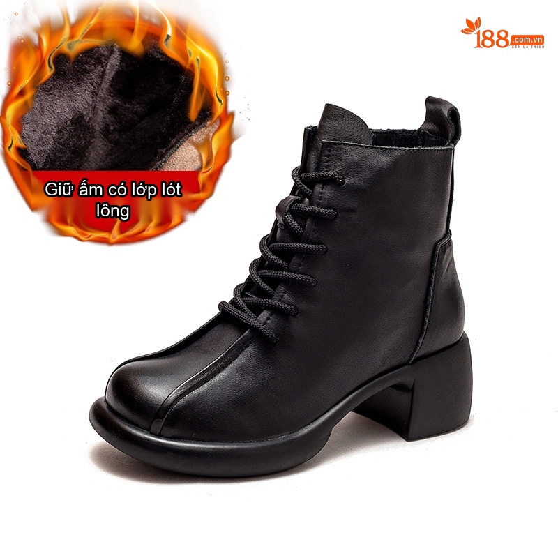 Boot Nữ Da Bò Lót Lông Giữ Ấm Mùa Đông Cổ Ngắn Chiều Cao Đế Khoảng 5cm Màu Nâu, Đen