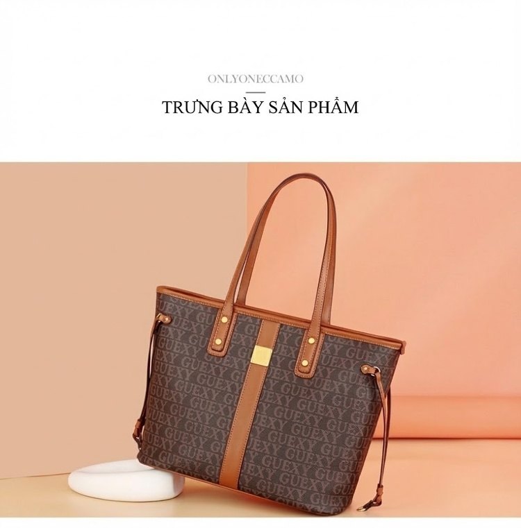 Túi Tote Nữ In Chữ Lớn Đeo Vai Chất Da Bóng, Túi Xách Tay Đi Làm, Đi Chơi Màu Nâu chi tiết 7