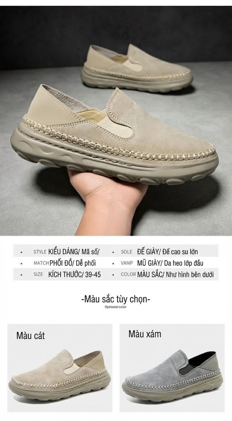 Giày Lười Nam Da Thật Chiều Cao Đế Khoảng 3cm Màu Xám, Kem chi tiết 3