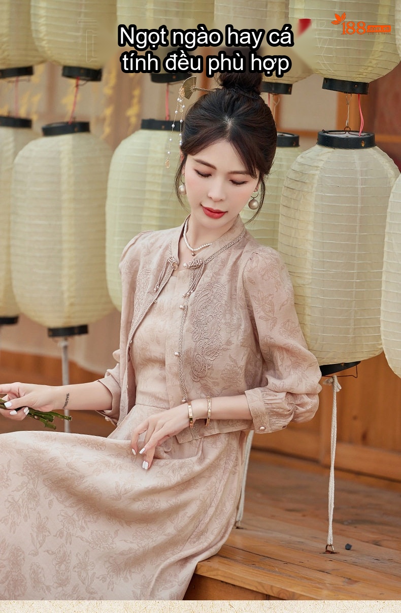 Váy Liền Thân Nữ Phong Cách Trung Hoa Cổ Điển Thiết Kế Tiểu Thư Tay Dài Màu Be chi tiết 6