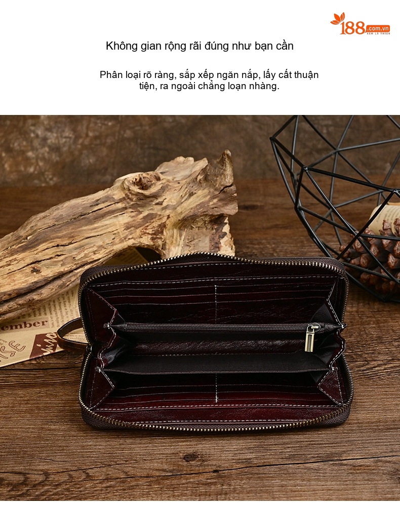 Ví Cầm Tay Nam Da Bò Khóa Kéo Phong Cách Retro Màu Nâu Đen chi tiết 7