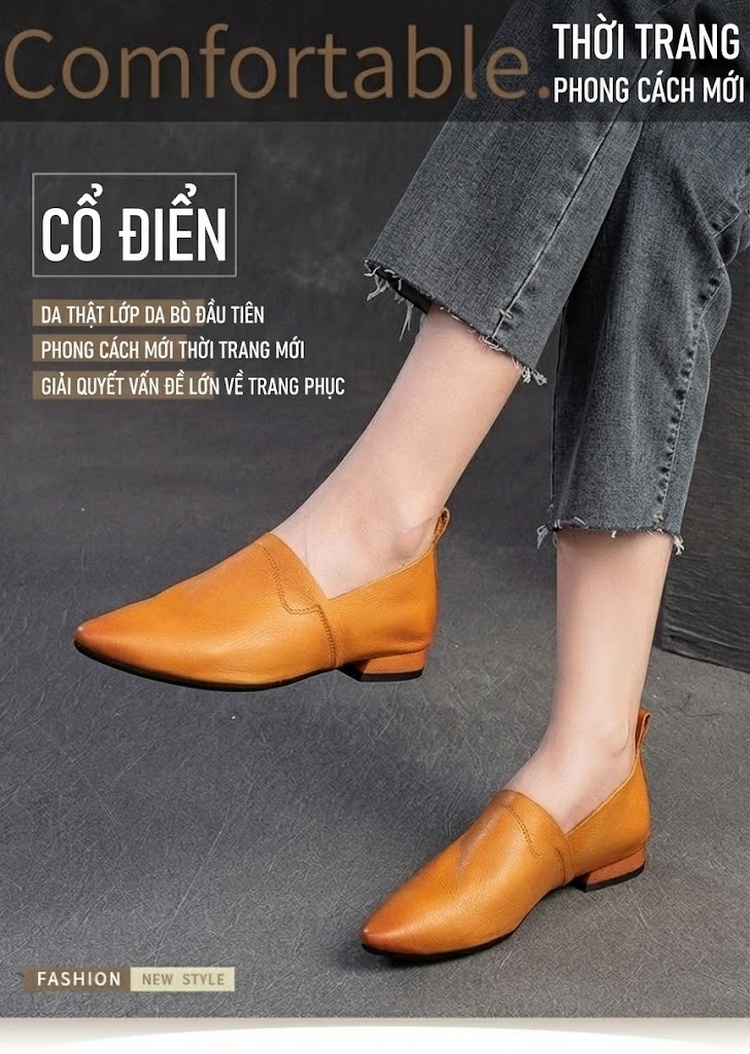 Giày Lười Nữ Mũi Nhọn Da Bò Chiều Cao Đế Khoảng 2cm Màu Nâu, Vàng chi tiết 1