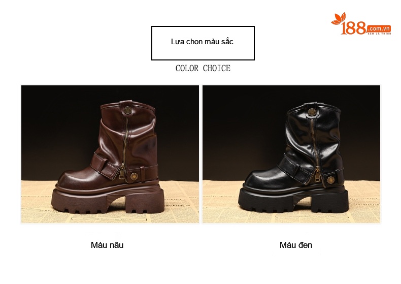 Boot Nữ Da Bóng Đế Cao Khoảng 7.5cm Tăng Chiều Cao Màu Đen, Nâu chi tiết 2