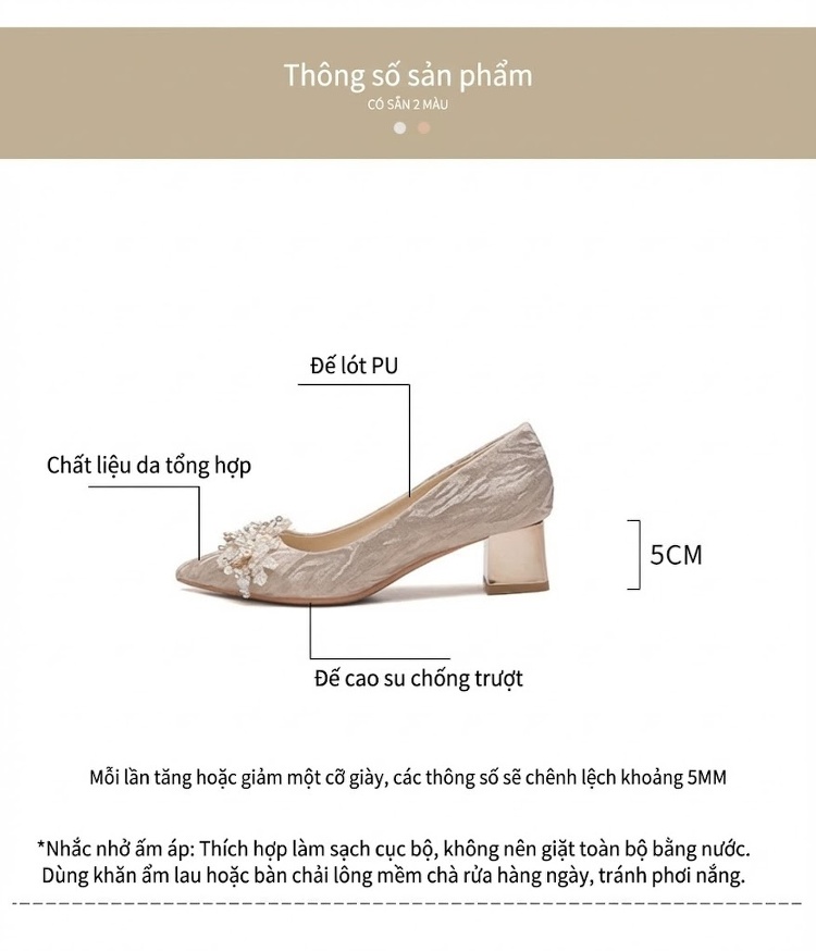 Giày Cao Gót Nữ Mũi Nhọn Đính Đá Chiều Cao Đế Khoảng 5cm Màu Trắng chi tiết 4