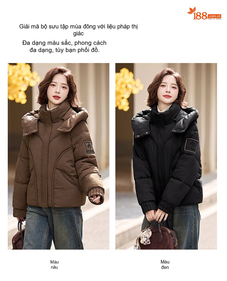 Áo Khoác Phao Nữ Dáng Ngắn Cotton Dày Dặn Giữ Ấm Cổ Cao Có Mũ Trùm Đầu Màu Nâu, Đen chi tiết 2
