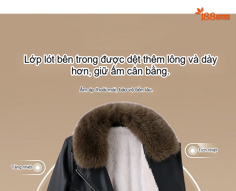 Áo Khoác Da PU Nữ Lót Lông Cổ Lông Dày Dặn Kiểu Motor Màu Đen, Nâu chi tiết 13