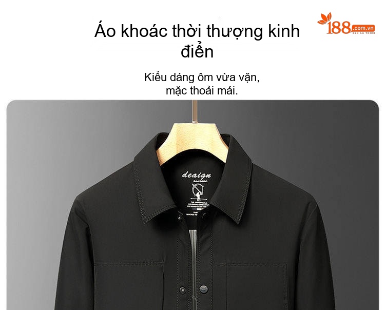 Áo Khoác Nam Cổ Bẻ Dáng Suông Màu Đen, Xanh Navy, Xanh Rêu chi tiết 1