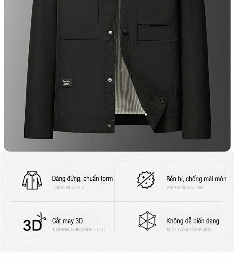 Áo Khoác Nam Cổ Bẻ Dáng Suông Màu Đen, Xanh Navy, Xanh Rêu chi tiết 2