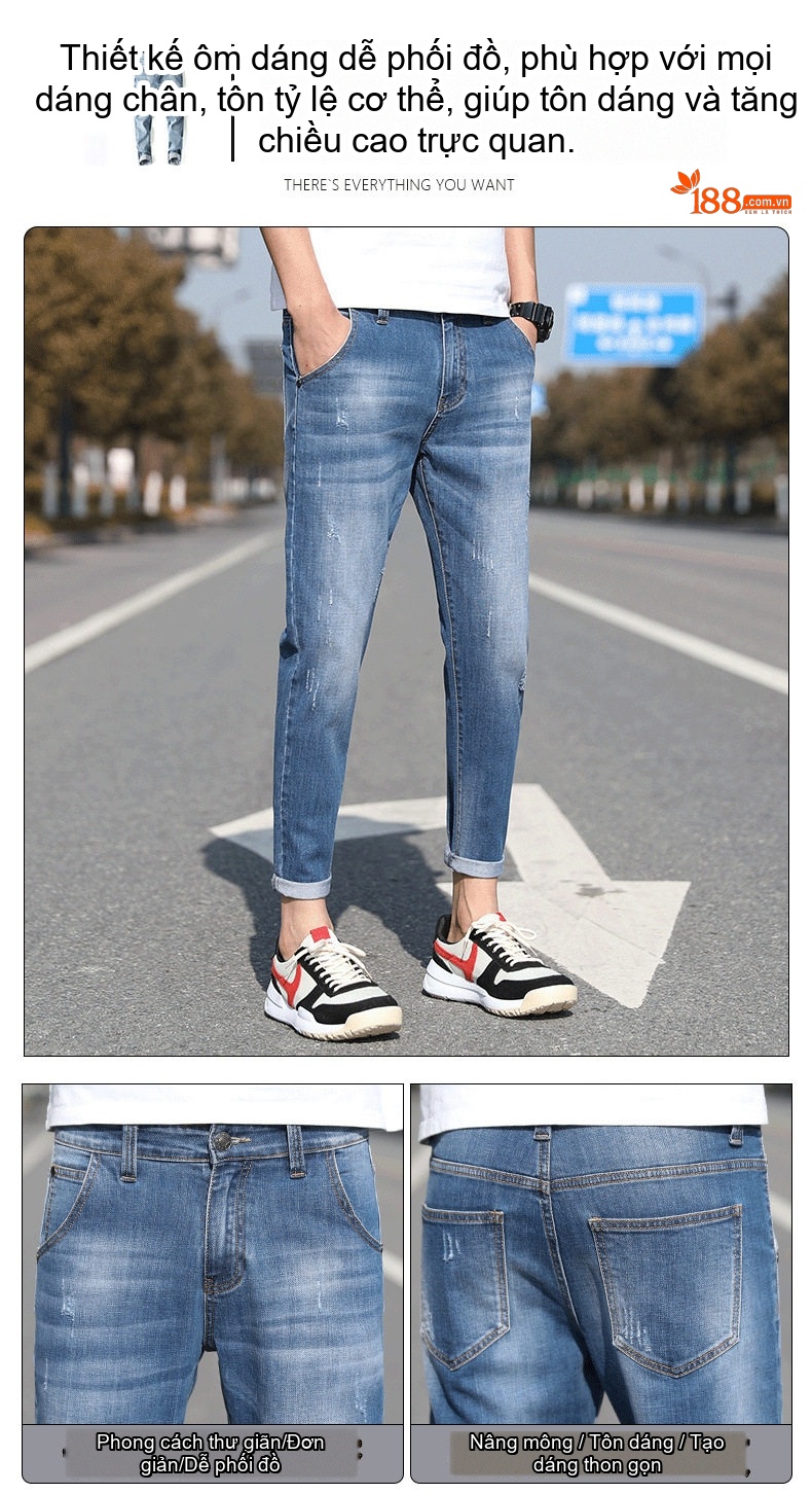Quần Jean Nam Dáng Slim Fit Ống Lửng Phong Cách Casual Màu Xanh chi tiết 14