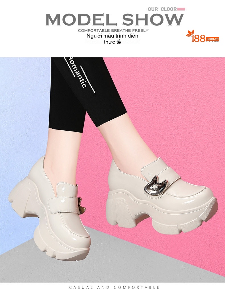 Giày Loafer Nữ Da Bóng Chiều Cao Đế 8cm Tăng Chiều Cao Màu Đen, Kem chi tiết 9