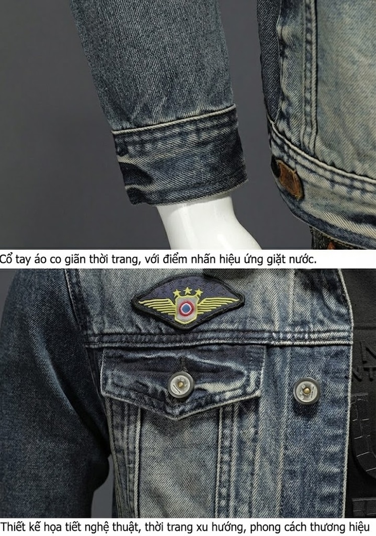 Áo Khoác Jean Nam Dáng Bomber Cổ Điển, Màu Xanh Dương Phai chi tiết 9