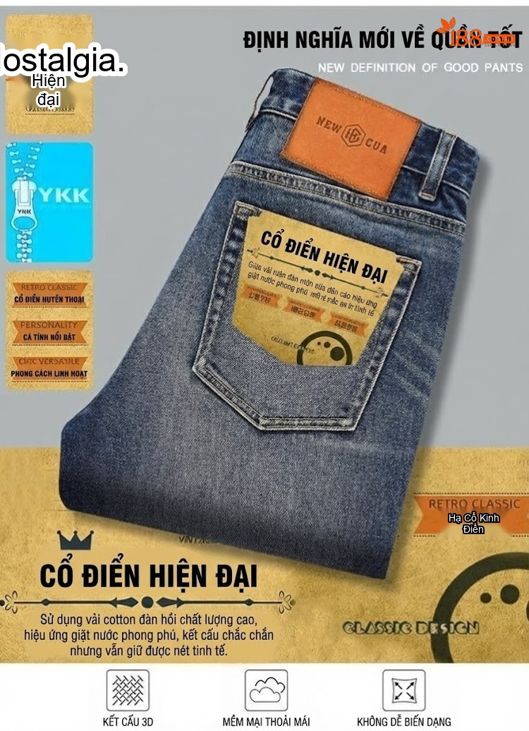Quần Jean Nam Ống Đứng Co Giãn Vừa Vặn Phong Cách Retro Màu Xanh Denim chi tiết 2