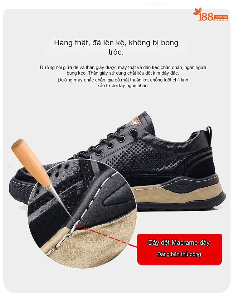 Giày Thể Thao Nam Da Bò Lỗ Thoáng Khí Chiều Cao Đế Khoảng 3cm Màu Đen, Nâu chi tiết 3