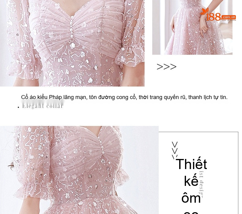 Váy Dự Tiệc Nữ Tay Lỡ Dáng Xòe Màu Hồng chi tiết 5