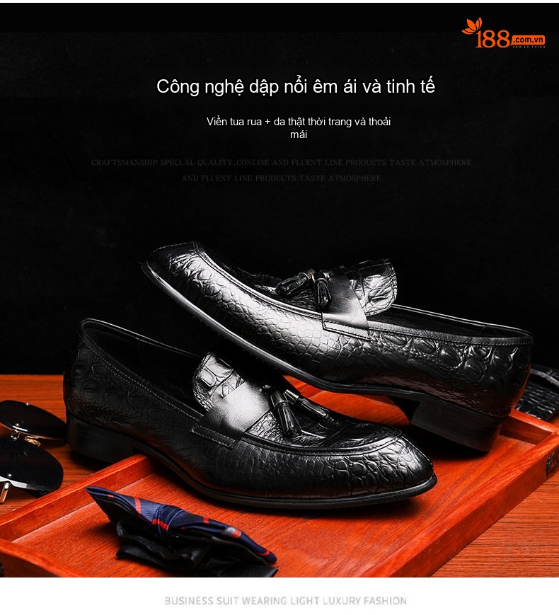 Giày Lười Nam Da Bò Vân Cá Sấu Chiều Cao Đế Khoảng 3cm Màu Đen, Đỏ chi tiết 1