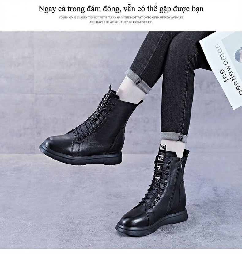 Giày Boot Martin Nữ Da Bò Lót Lông Chiều Cao Đế Khoảng 4cm Phong Cách Anh Quốc Màu Đen chi tiết 14