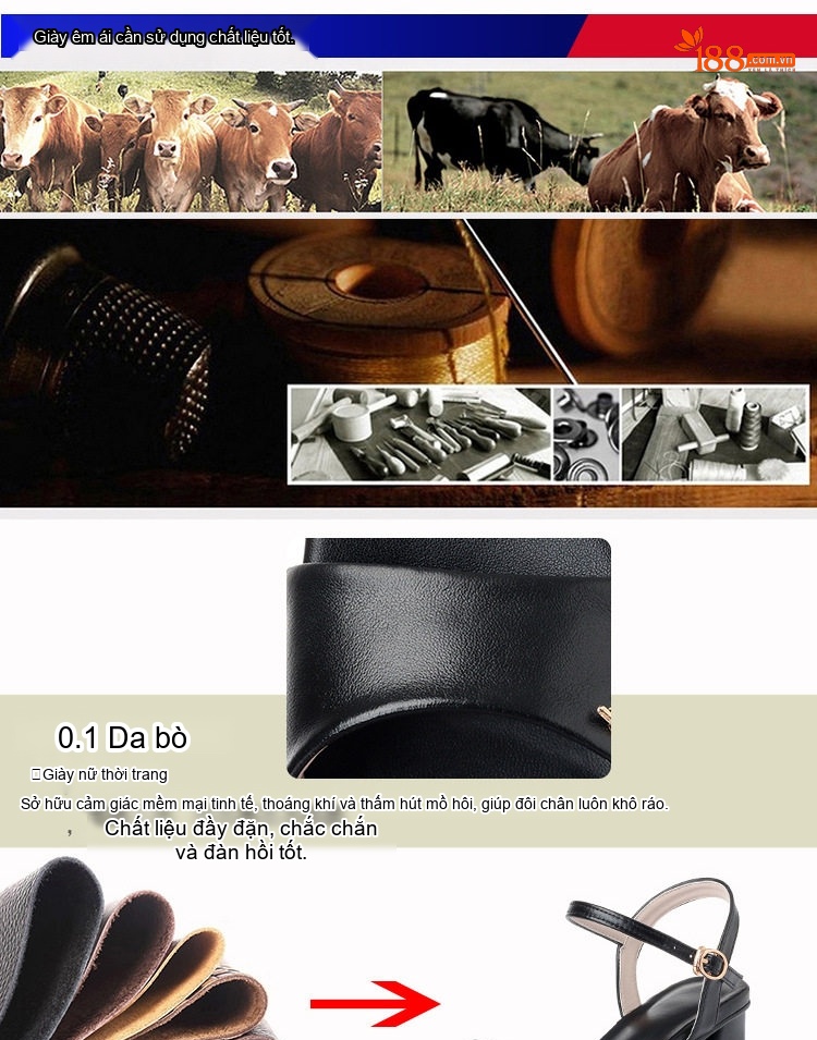 Giày Sandal Cao Gót Nữ Quai Ngang Hở Ngón Gót Vuông Da Bóng Gót Cao 7cm - 8cm Màu Kem, Đen chi tiết 2