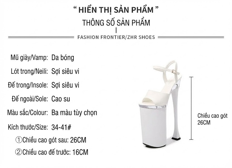Giày Sandal Cao Gót Nữ Quai Trong Suốt Đính Đá Gót Cao 26cm Màu Đen, Đỏ, Trắng chi tiết 2