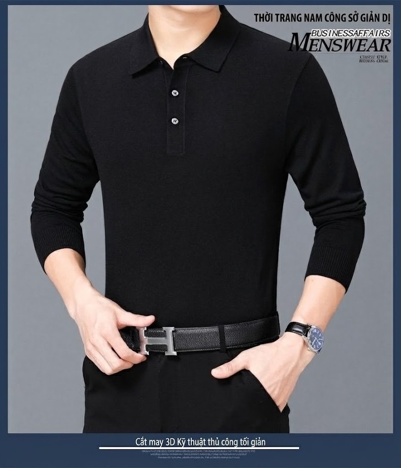 Áo Thun Polo Nam Dài Tay Cashmere Dáng Ôm Vừa Vặn Màu Đen, Đỏ, Xanh Dương, Xám... chi tiết 20