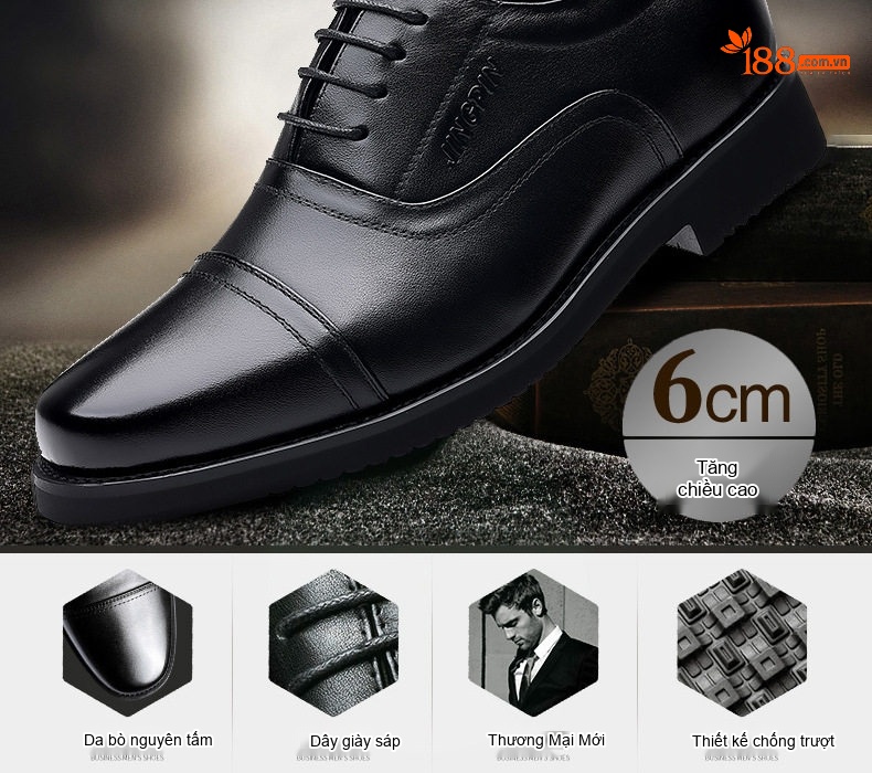 Giày Tây Buộc Dây Nam Da Thật Tăng Chiều Cao 6cm Phong Cách Công Sở Màu Đen chi tiết 3