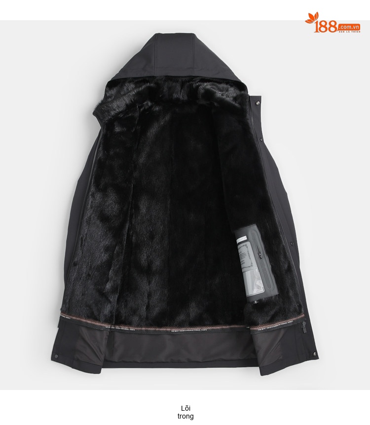 Áo Khoác Parka Nam Dáng Dài Lót Lông Chồn Form Ôm Châu Âu Màu Đen chi tiết 8