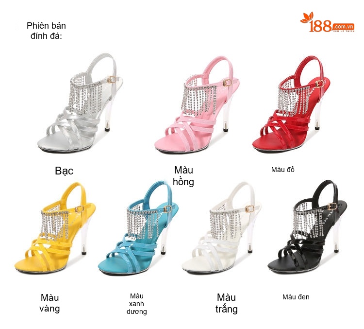 Giày Sandal Cao Gót Nữ Quai Ngang Đính Đá Gót Cao 11cm Da Bóng Màu Đen, Trắng, Vàng, Đỏ... chi tiết 2