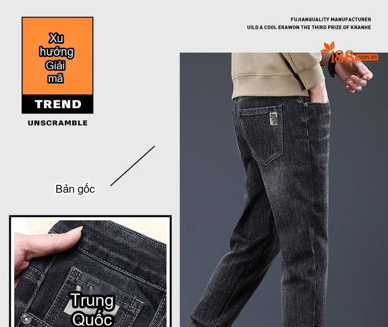 Quần Jean Nam Ống Đứng Slim Fit Co Giãn Thoải Mái Phong Cách Business Casual Màu Xám Đen chi tiết 3