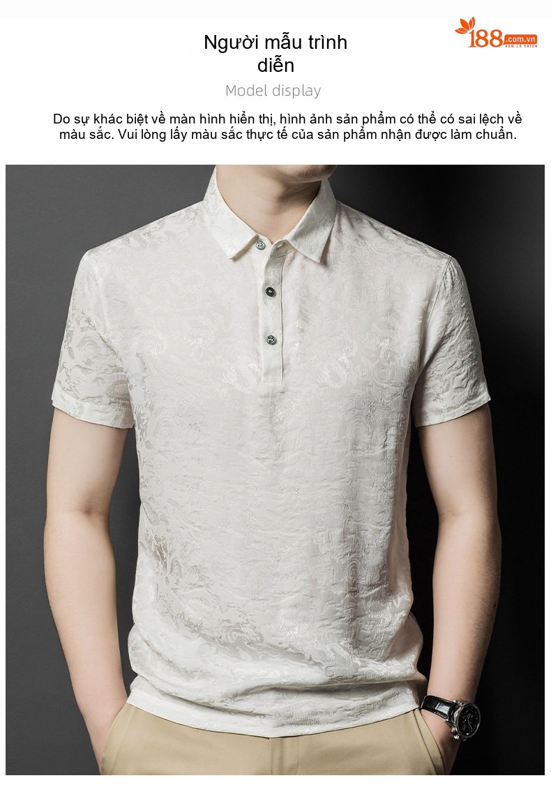 Áo Thun Polo Nam Ngắn Tay Lụa Tơ Tằm Jacquard Trung Niên Phong Cách Casual Màu Trắng chi tiết 3