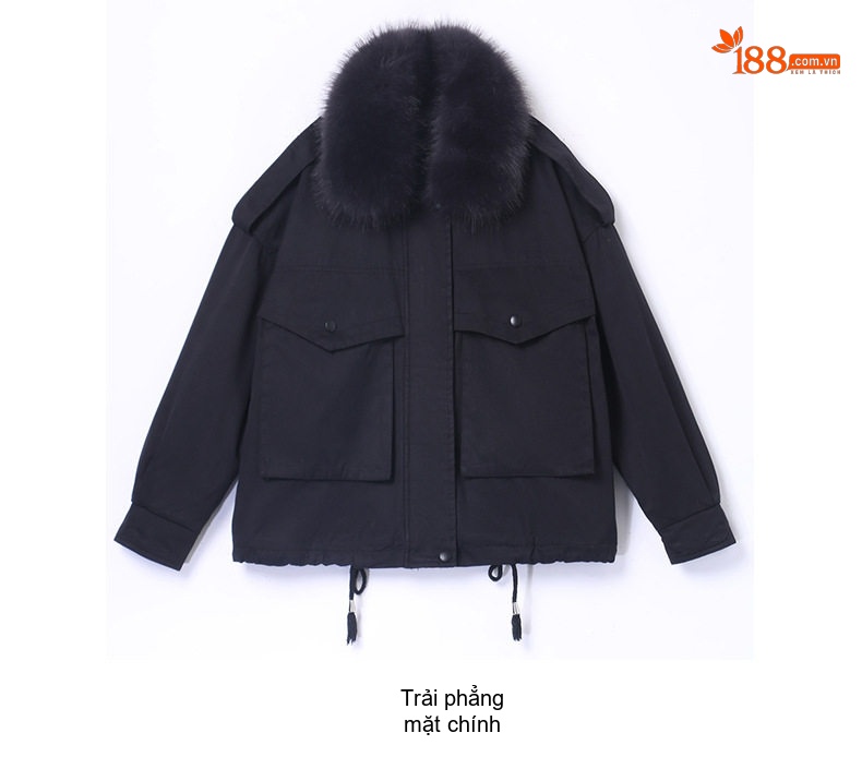 Áo Khoác Cotton Nữ Dáng Ngắn Lót Lông Cổ Lông Màu Đen, Xanh Rêu chi tiết 27