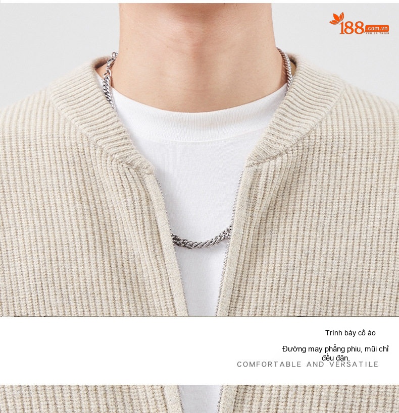 Áo Khoác Cardigan Nam Dệt Kim Cổ Bóng Chày Dày Dặn Màu Be, Đen chi tiết 13