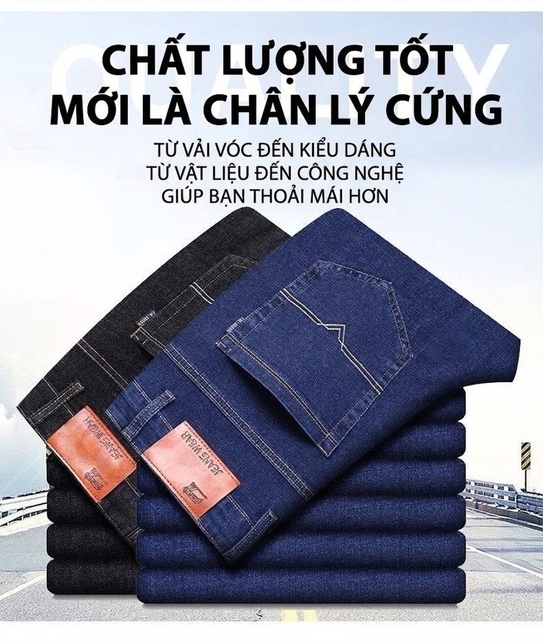 Quần Jean Nam Dáng Suông Co Giãn Thoải Mái Màu Xanh Navy, Đen chi tiết 5