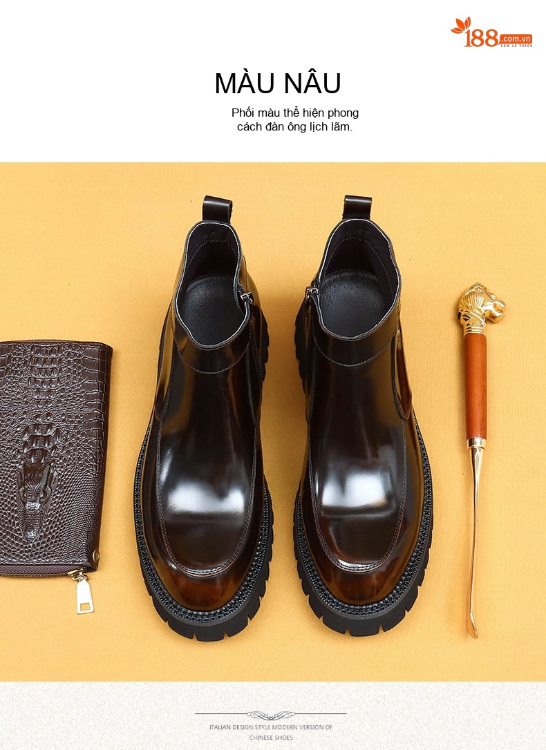 Boot Nam Da Bóng Đế Dày Chiều Cao Đế Khoảng 5cm Khóa Kéo Hông Màu Đen chi tiết 11